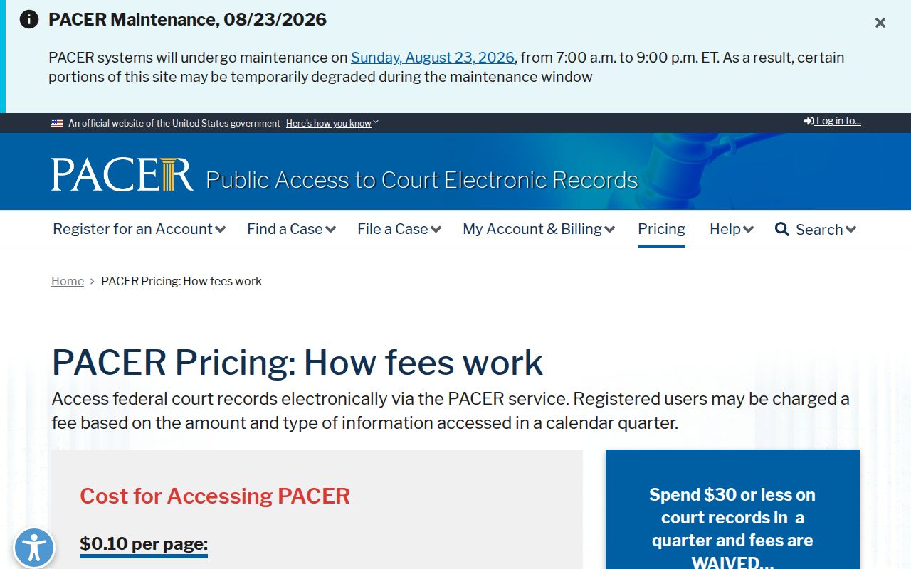 Hancock County case lookup comparison with federal PACER pricing