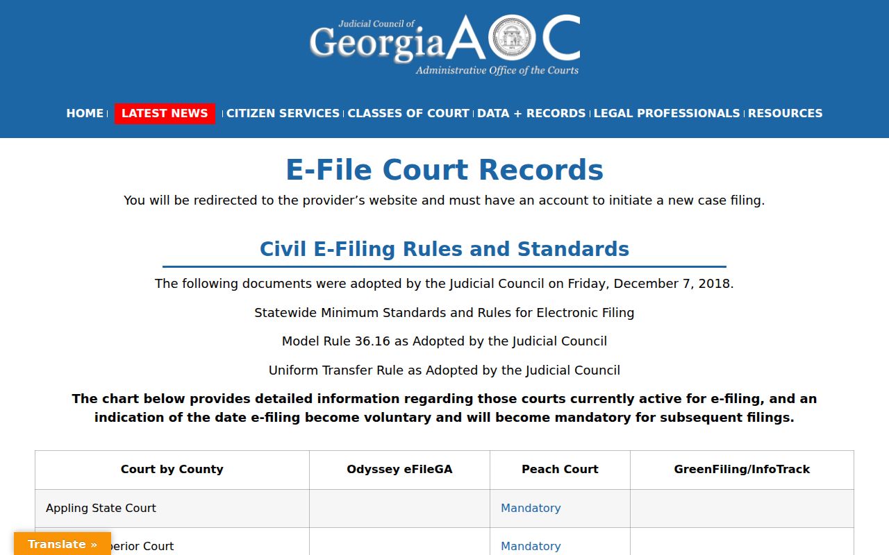 Hancock County civil docket mandatory PeachCourt e-filing source