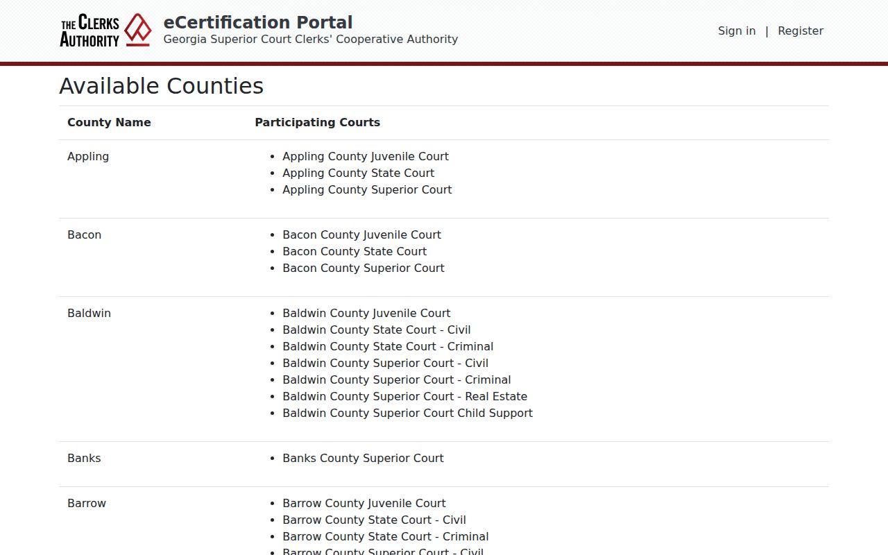 eCertify list showing Hancock County Superior Court
