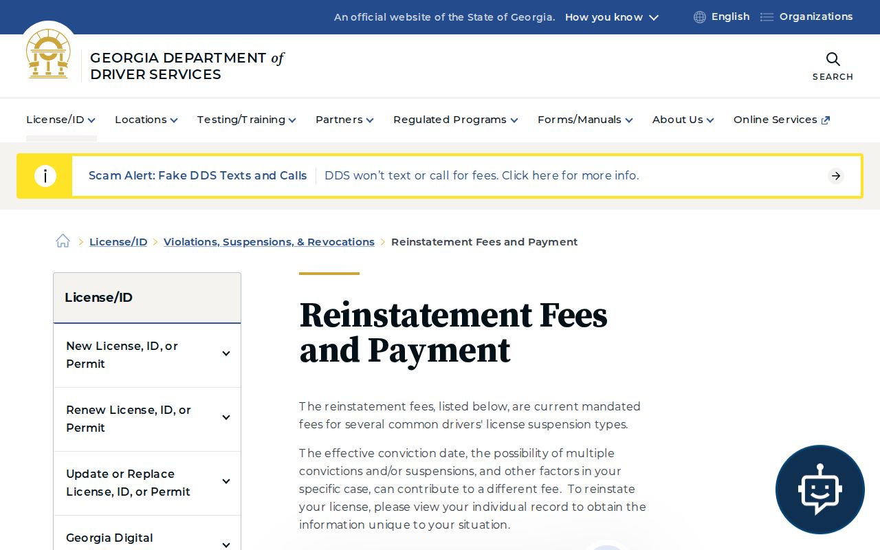 Georgia DDS reinstatement fees and payment guidance